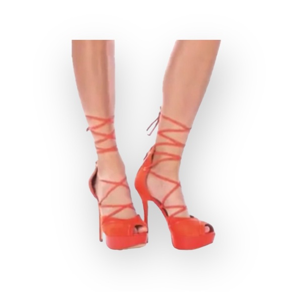 Guess ᯾ Raja Ankle Wrap Platform Stiletto Peep Toe Heels ᯾ Orange Suede ᯾ 8M - Picture 2 of 16